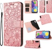 Voor Samsung Galaxy A70s Huid Voelen Reliëf Zonnebloem Horizontale Flip Lederen Case met Houder & Kaartsleuven & Portemonnee & Lanyard (Rose Goud)