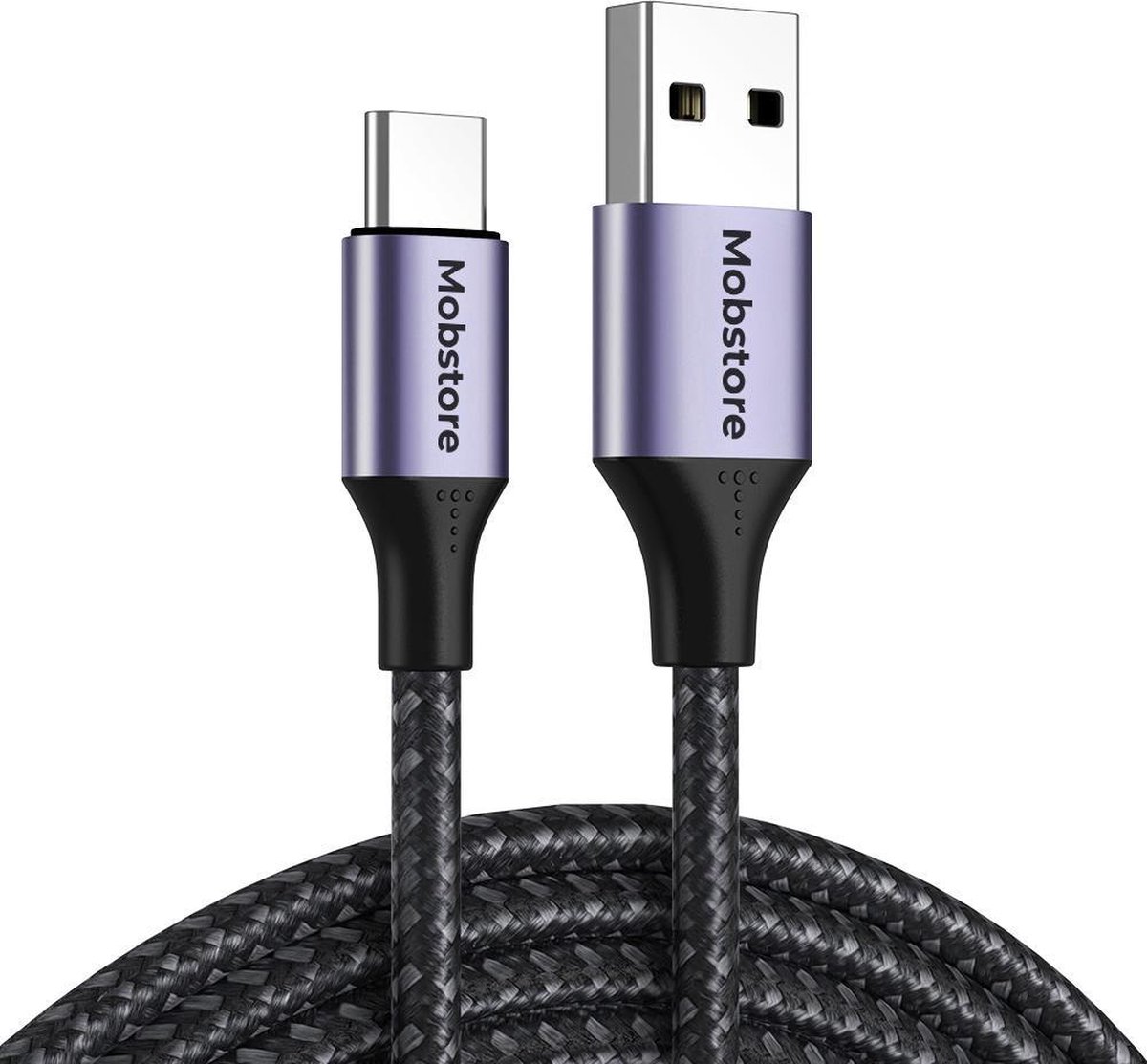 Mobstore - USB C Kabel 3A - USB A naar USB C - USB C naar USB A - 2 meter - Zwart - Stevige nylon kabel - USB-C Oplader - 480 Mbps - Sneller opladen - USB C kabel