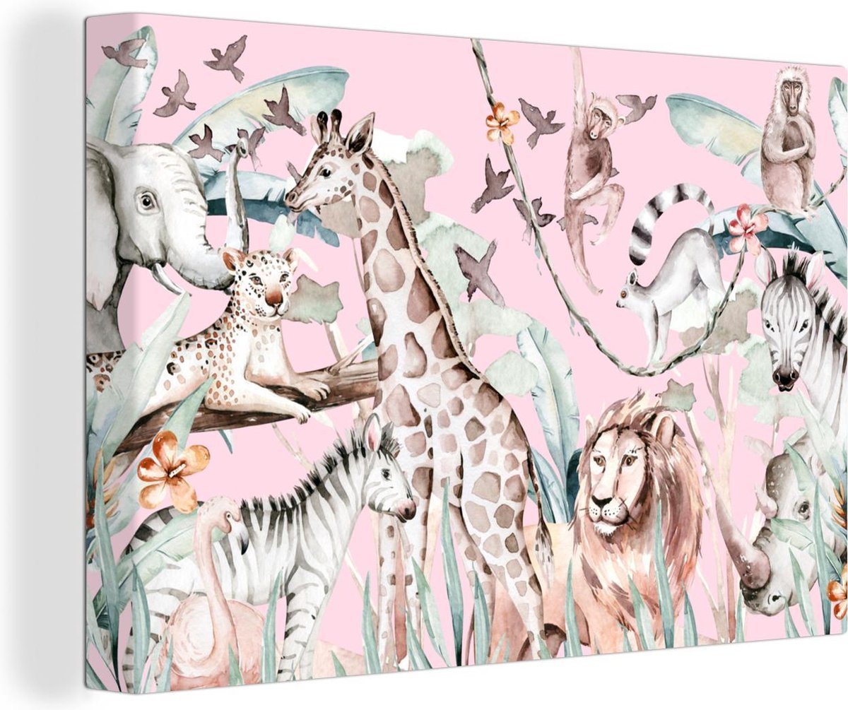 Canvas Schilderij Aquarelverf - Dieren - Jungle - Roze - Meisjes - Kinderen - Kids - 30x20 cm - Wanddecoratie