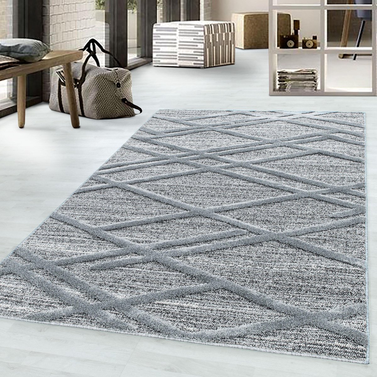 Hoogpolig vloerkleed, boho-design, grijs, woonkamerkleed, jute achterkant, afmeting: 80 x 150 cm