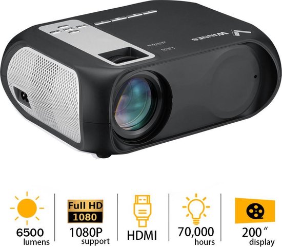 Beamer met afstandsbediening, 1080P Ondersteund LED Wifi projector met luidspreker 16:9 6500 lumen home theater Draadloze live streaming projector voor binnen/daglicht en buiten, USB/HDMI/AV/3.5mm Aux