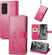 Voor Honor V40 5G Vier-blad Sluiting Reliëf Gesp Mobiele Telefoon Bescherming Lederen Case met Lanyard & Card Slot & Portemonnee & Beugel Functie (Magenta)