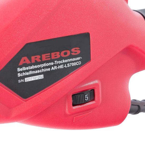 Detail van rode schuurmachine met logo 'AREBOS' en snelheidsregelaar (stand 5).