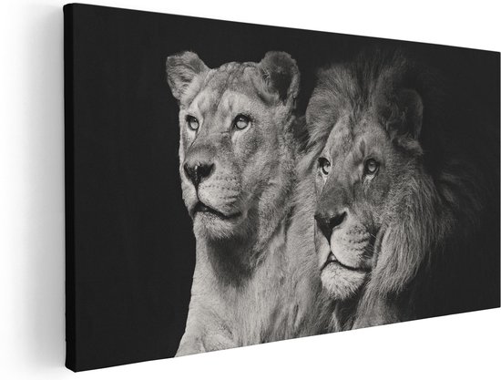 Artaza Canvas Schilderij Leeuw En Leeuwin - Zwart Wit - 100x50 - Groot - Foto Op Canvas - Canvas Print