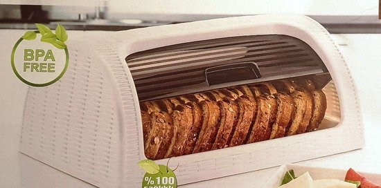 Boîte à pain blanche avec du pain brun et logo sans BPA