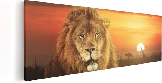 Artaza Canvas Schilderij Leeuw In De Savanne - Zonsondergang - 90x30 - Foto Op Canvas - Canvas Print