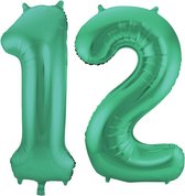 De Ballonnenkoning - Folieballon Cijfer 12 Groen Metallic Mat - 86 cm