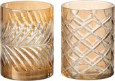 J-Line Windlicht Diamant Glas Goud Medium Assortiment Van 2