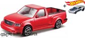 Ford SVT F-150 (Rood) (11cm) 1/43 Bburago + Hot Wheels Miniatuurauto + 3 Unieke Auto Stickers! - Model auto - Schaalmodel - Modelauto - Miniatuur autos - Speelgoed voor kinderen