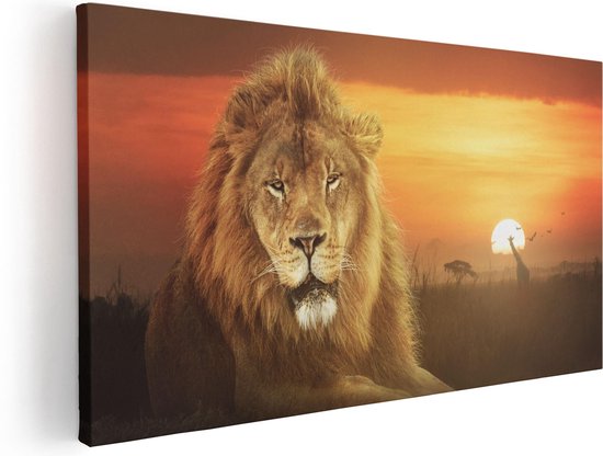 Artaza Canvas Schilderij Leeuw In De Savanne - Zonsondergang - 120x60 - Groot - Foto Op Canvas - Canvas Print