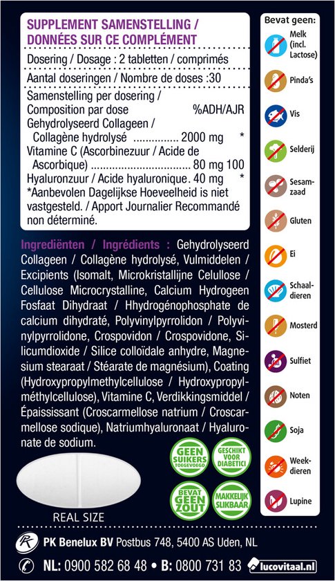 Achterkant van de verpakking van Lucovitaal Super Collageen met ingrediënten en supplementinformatie, met een pil op ware grootte.