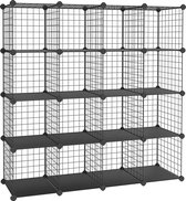 Opbergkast - Doe-het-Zelfkast - Modulaire Gaasplank met Draadframe - 16 Kubussen - Zwart