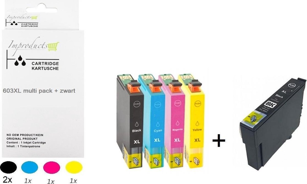Improducts® Inkt cartridges Alternatief Epson T603XL / T603 603xl multi pack + zwart alleen geschikt voor printers Expression Home XP-2105 XP-3100 XP-3105 XP-4100 XP-4105 Workforce WF-2830DWF WF-2835DWF