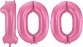 De Ballonnenkoning - Folieballon Cijfer 100 Roze Metallic Mat - 86 cm