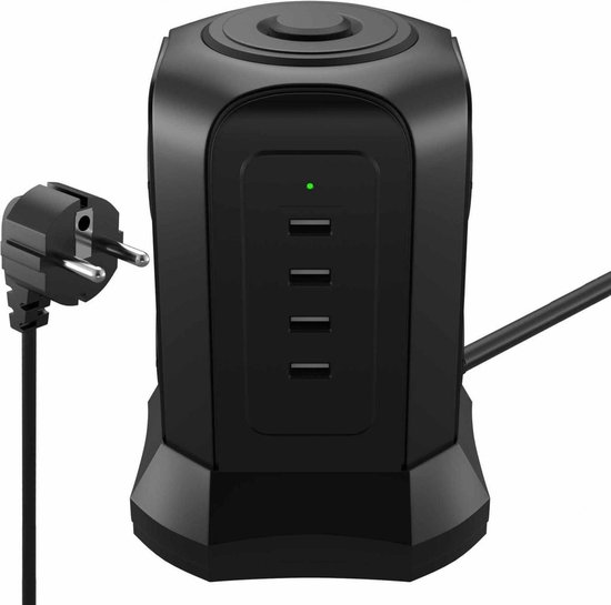 Zwarte stekkerdoos toren met 4 USB-poorten, stroomstekker en indicatielampje.