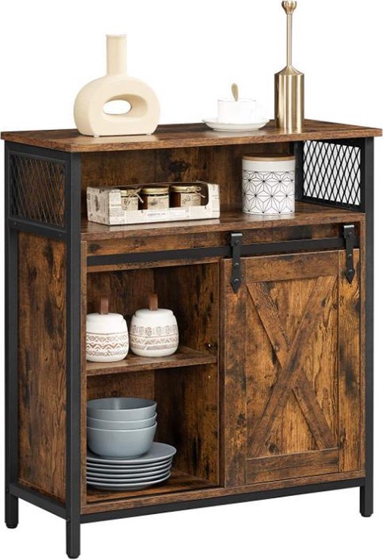 Opbergkast met Schuifdeur – Industrieel Kastje 70x30x80 cm – Bruin/Zwart – Hout & Metaal – Wandkast met Open en Gesloten Planken