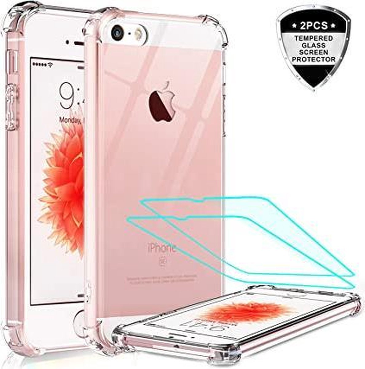Anti-Shock transparant hoesje silicone met 2 Pack Tempered glas Screen Protector Geschikt voor: iPhone 5s / iPhone 5 / iPhone SE
