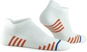 Twee witte GoWith enkelsokken met oranje en blauwe strepen.
