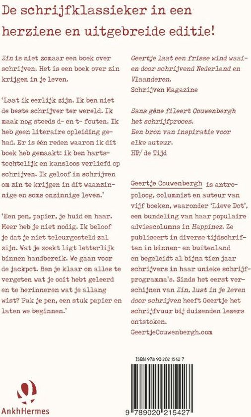 Gedetailleerde beschrijving van het boek 'Zin' van Geertje Couwenbergh, met titel, auteursnaam en ISBN.
