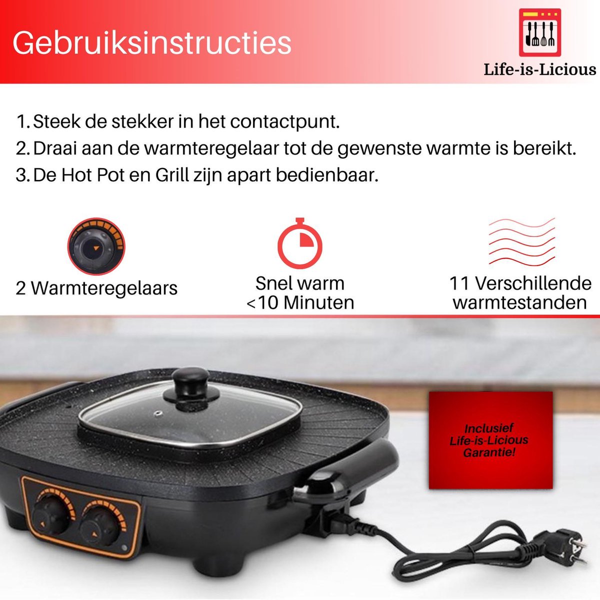 Tristar Korean Hot Pot Grill Appareil à fondue 1800 W revêtement  anti-adhésif, voyant lumineux noir