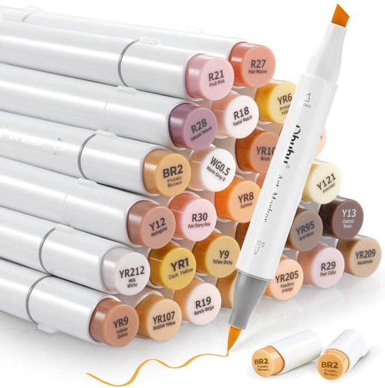 Ohuhu - Alcohol based Art markers Brush & chisel - Skin Tone - set van 36 +  Blender + etui | bol.com
