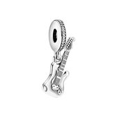 Tracelet - Zilveren bedels - Bedel Gitaar | Hangend charm model met tekst 'Music' | 925 Sterling Zilver - Pandora compatible - Met 925 Zilver Certificaat - In Leuke Cadeauverpakkin