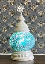 Turkse Lamp - Wit Mozaïek Lamp - Tafellamp - Marokkaanse Lamp - Oosterse Lamp - Recht model -  bol diameter Ø  12 cm - Hoogte 34 cm - Authentiek - Handmade - Kleurrijk - Turquoise