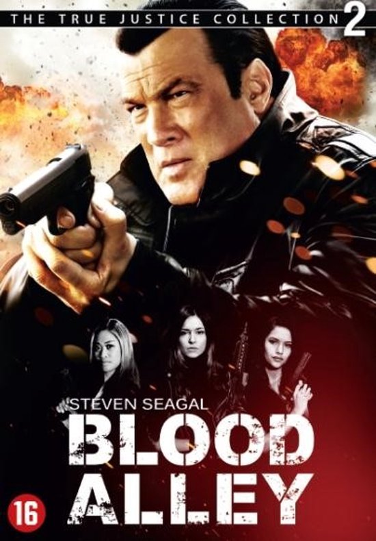 Steven Seagal met een pistool, met op de achtergrond vier vrouwen en explosies. De titel 'Blood Alley' is prominent aanwezig.