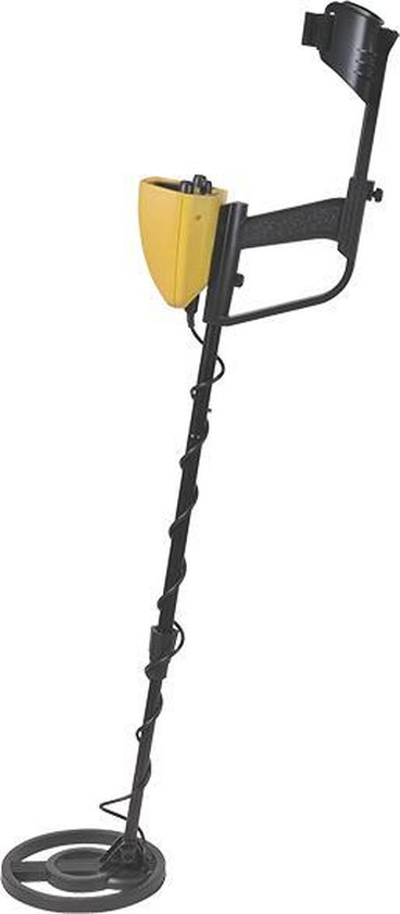 Volledige gele metaaldetector met zwarte steel, schijf en armsteun, op een witte achtergrond.