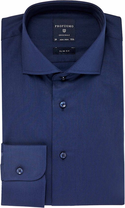 Profuomo slim fit overhemd - fine twill - marine blauw - Strijkvrij - Boordmaat: 39