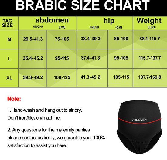 Maattabel voor zwangerschapsbroekjes van BRABIC met maten M, L, XL voor buik, heup en gewicht, plus wasinstructies.