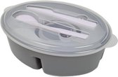 Broodtrommel - Lunchbox - Met koelelement en bestek - Grijs - Kunststof - Ovaal - 25 x 17 x 8 cm