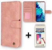 Samsung Galaxy S21 FE Casemania Hoesje Pale Pink & Glazen Screenprotector - Luxe Portemonnee Book Case - Kaarthouder & Magneetlipje
