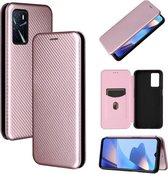 Voor OPPO A16 Koolstofvezeltextuur Magnetische Horizontale Flip TPU + PC + PU Lederen Case met Kaartsleuf (Roze)