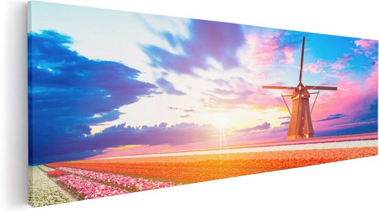 Artaza Canvas Schilderij Kleurrijke Bloemenveld Met Een Windmolen - 120x40 - Groot - Foto Op Canvas - Canvas Print