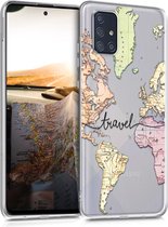 kwmobile telefoonhoesje voor Samsung Galaxy A71 - Hoesje voor smartphone in zwart / meerkleurig / transparant - Travel Wereldkaart design