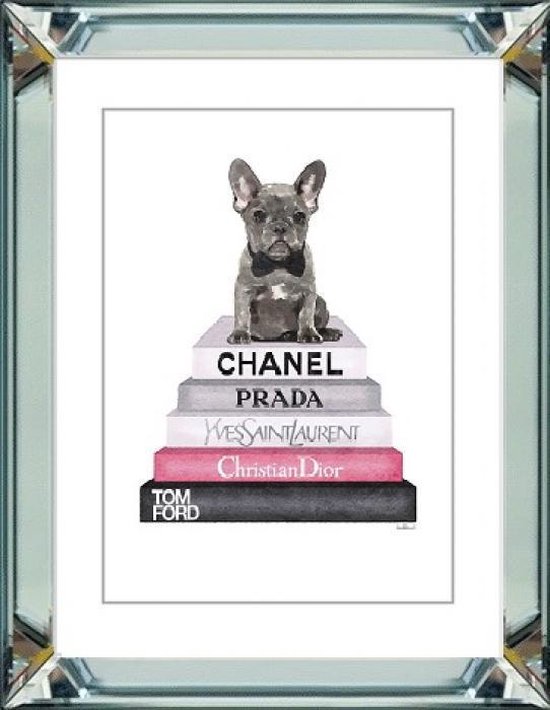 70 x 90 cm - Spiegellijst met prent - Hond met boeken van luxe modemerken - prent achter glas