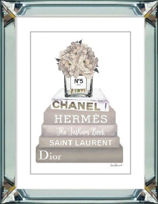 50 x 60 cm - Spiegellijst met prent - Stapel boeken van luxe Franse merken - prent achter glas