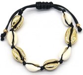 SchelpenArmband zwart-Verstelbaar-Pull Tie- met schelpen goud en beige-Musthaves