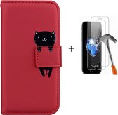 GSMNed - Leren telefoonhoes rood - Luxe iPhone 12/12 Pro hoes - iPhone hoes met print - pasjeshouder - portemonnee - rood – met screenprotector iPhone 12/12 Pro
