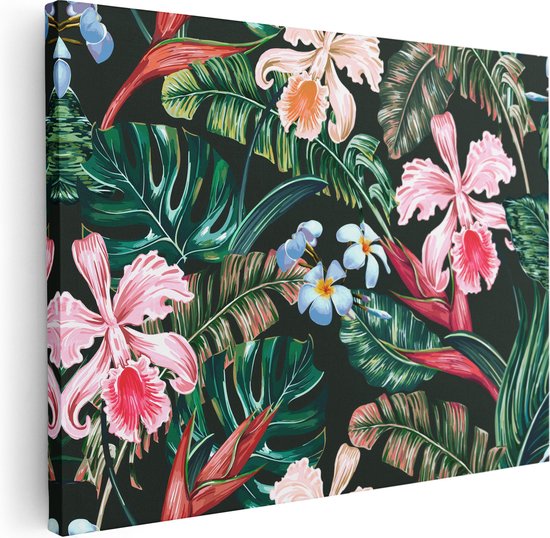 Artaza Canvas Schilderij Getekende Tropische Bloemen - Abstract - 80x60 - Foto Op Canvas - Canvas Print