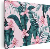 Artaza Canvas Schilderij Tropische Roze Zomer Bloemen Met Bladeren - 80x60 - Foto Op Canvas - Canvas Print