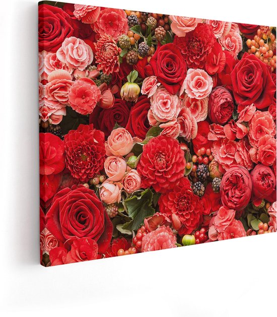 Artaza Canvas Schilderij Rode En Roze Bloemen Met Fruit - Abstract - 100x80 - Groot - Foto Op Canvas - Canvas Print