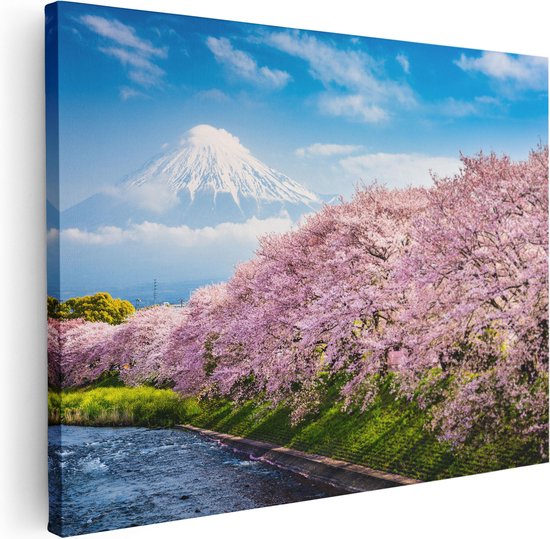 Artaza Canvas Schilderij Roze Bloesembomen Bij De Fuji Berg - 80x60 - Foto Op Canvas - Canvas Print