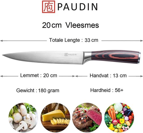 PAUDIN N9 Professioneel Vleesmes 20 cm - Japans mes - Koksmes - Damascus Patroon - Paudin