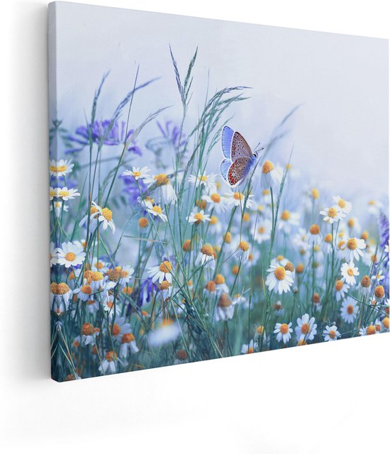 Artaza Canvas Schilderij Witte Kamille Bloemen Met Een Vlinder - 50x40 - Foto Op Canvas - Canvas Print