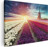 Artaza Canvas Schilderij Kleurrijke Tulpen Bloemenveld - Windmolen - 40x30 - Klein - Foto Op Canvas - Canvas Print