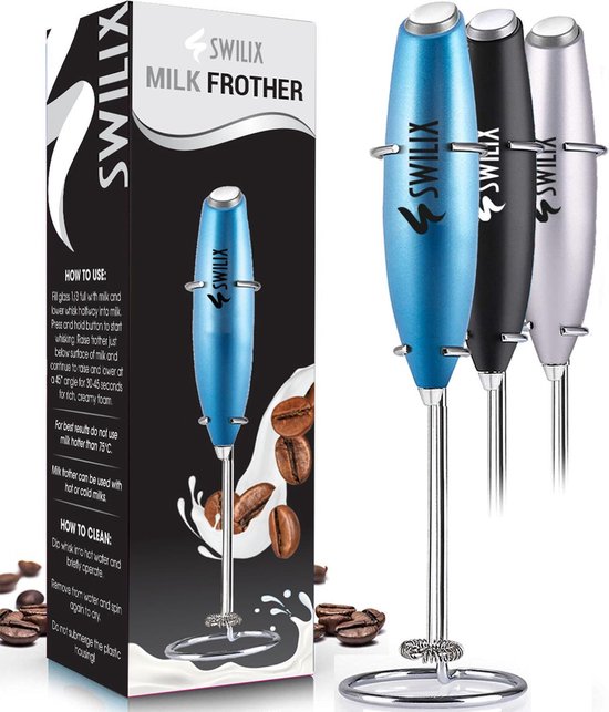SWILIX ® Elektrische Melkopschuimer met RVS Houder - Melk Opschuimer -  Elektrisch - Blauw | bol