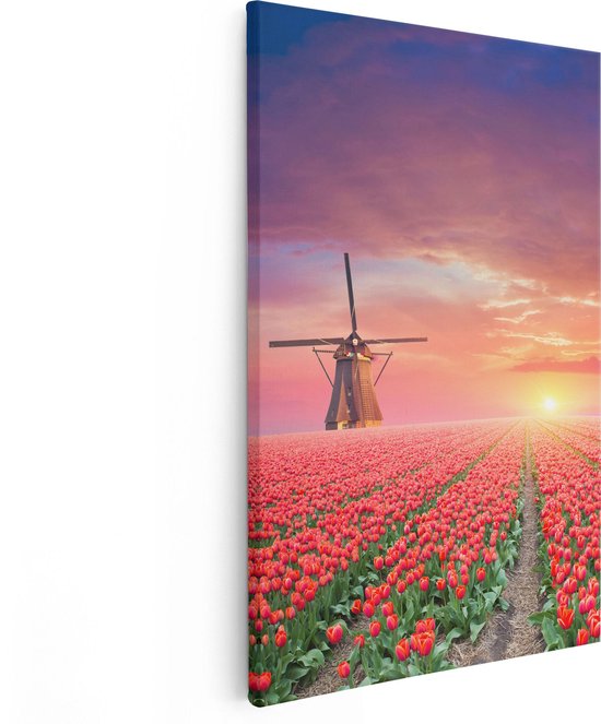 Artaza Canvas Schilderij Rode Rozen Bloemenveld Met Een Windmolen - 80x120 - Groot - Foto Op Canvas - Canvas Print
