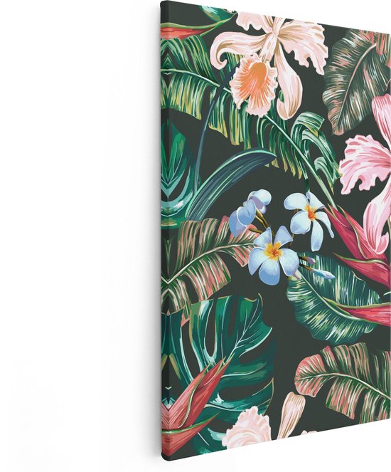 Artaza Canvas Schilderij Getekende Tropische Bloemen - Abstract - 80x120 - Groot - Foto Op Canvas - Canvas Print